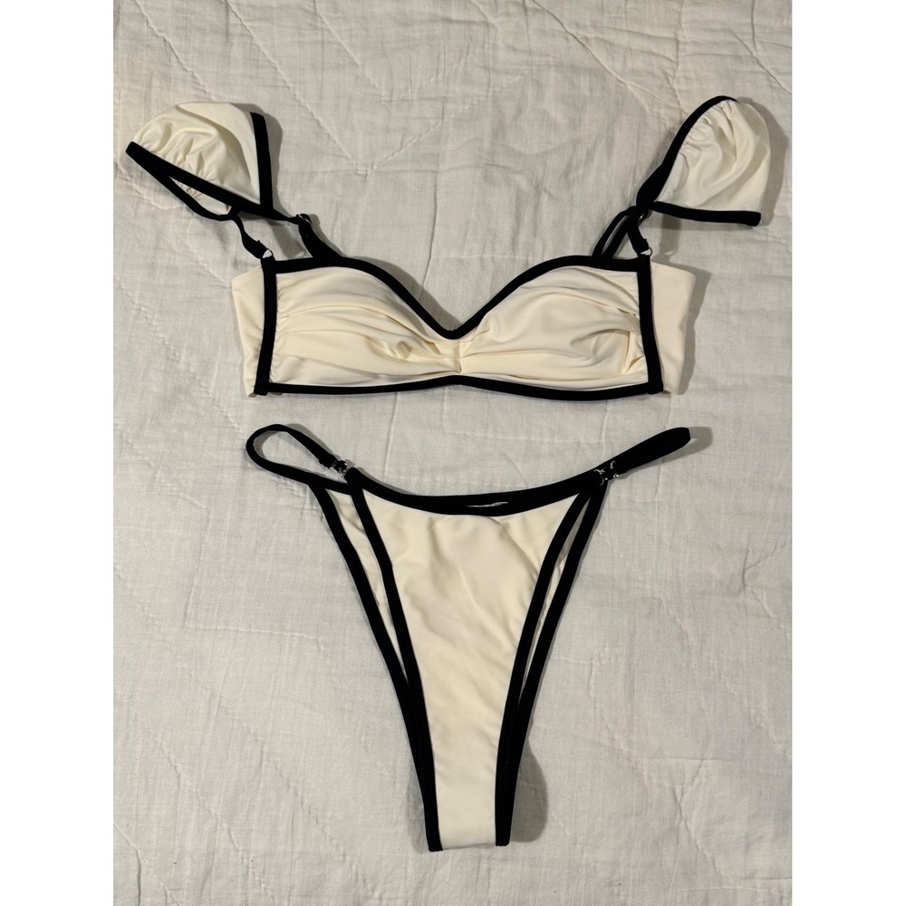Strawberry Milk Mob Milos Cream Black Cap Sleeve Off Shoulder Bikini Set L NWT